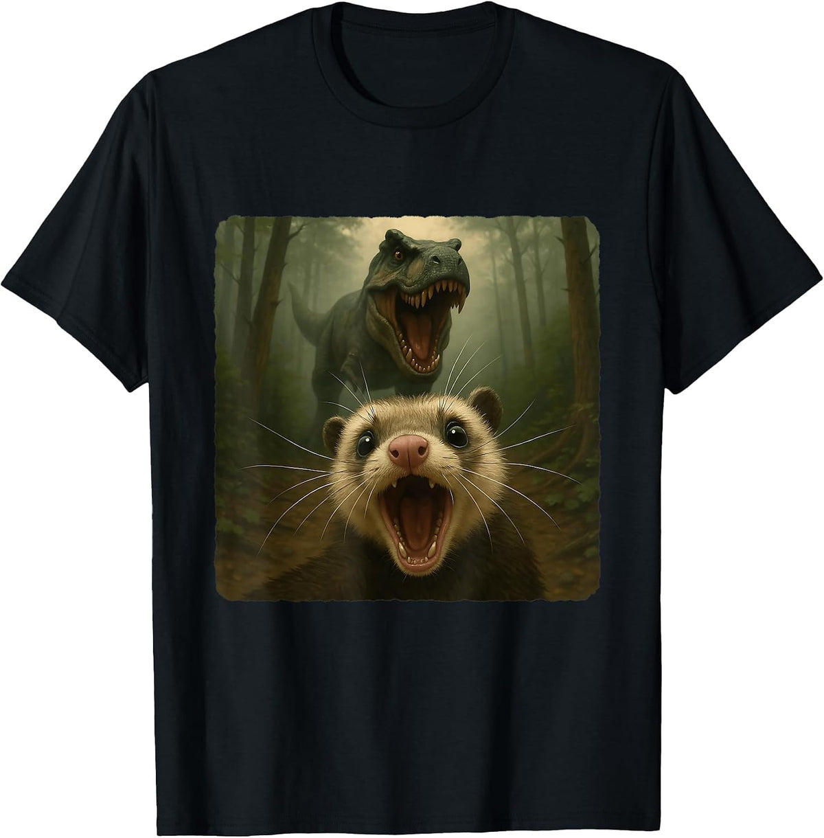 Ferret Selfie T-Rex Dinosaur Chase Funny Humor T-Shirt - Black