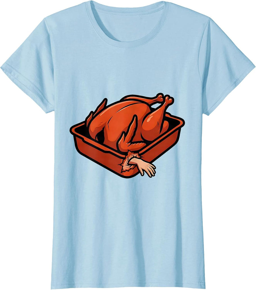 Women's Roast Turkey Torn Skin Thanksgiving Humor Matching Group T-Shirt - Baby Blue