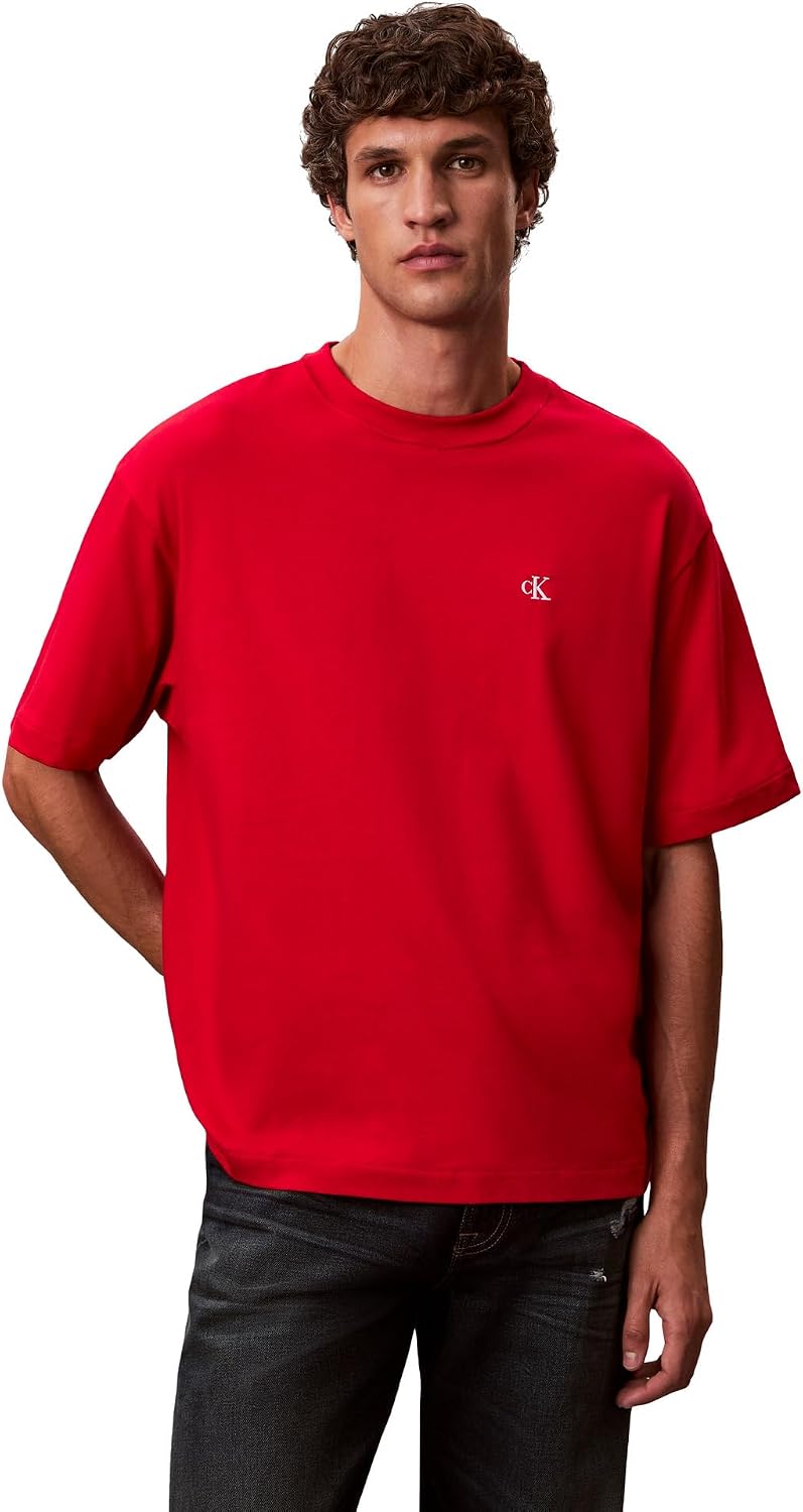 Calvin Klein Mens Relaxed Fit Monogram Logo Crewneck T-Shirt - Berry Sangria