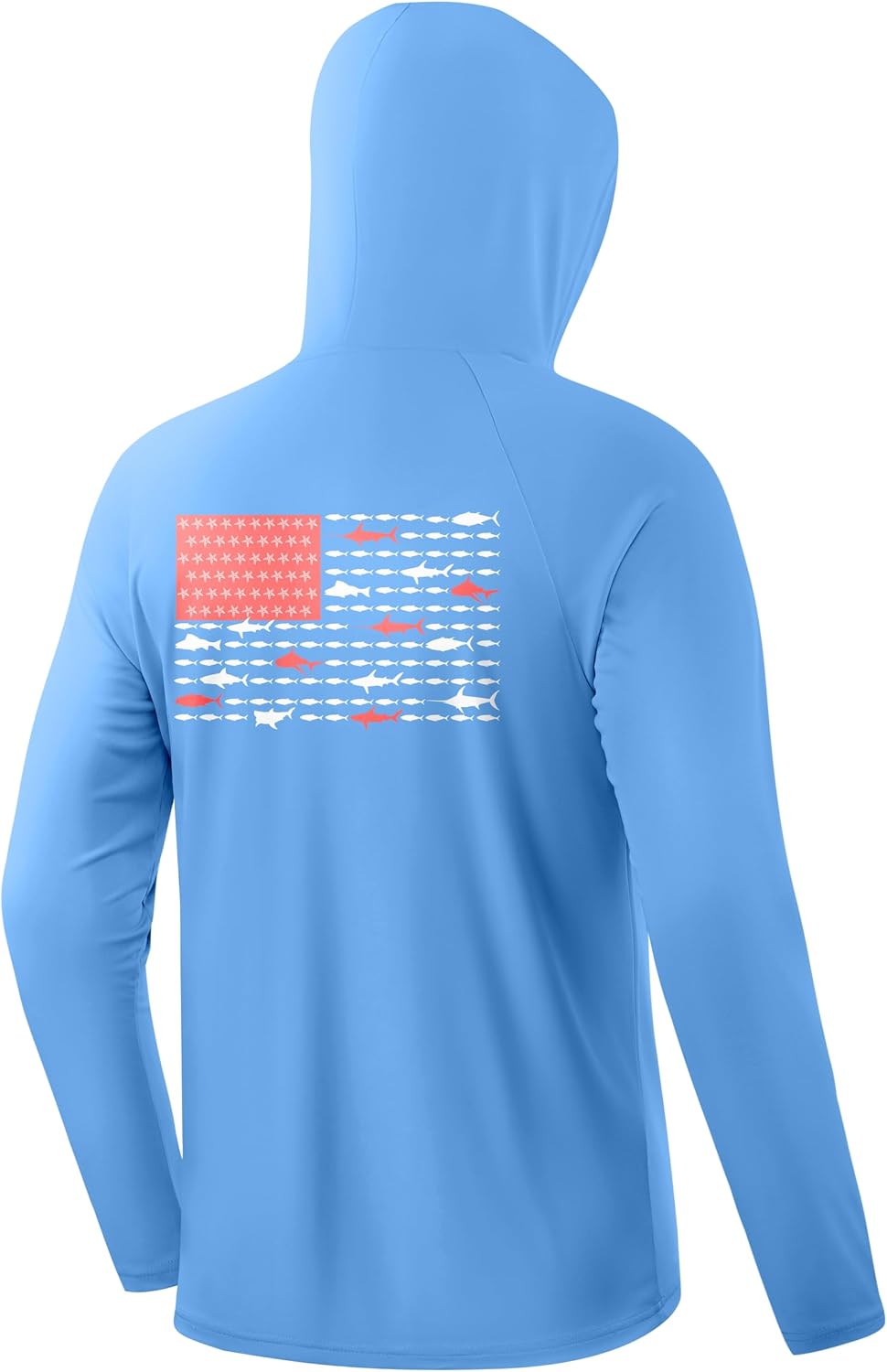 Pudolla Men's Sun Protection Hoodie UPF 50+ Long Sleeve Fishing Shirts - Blue\/White Fish