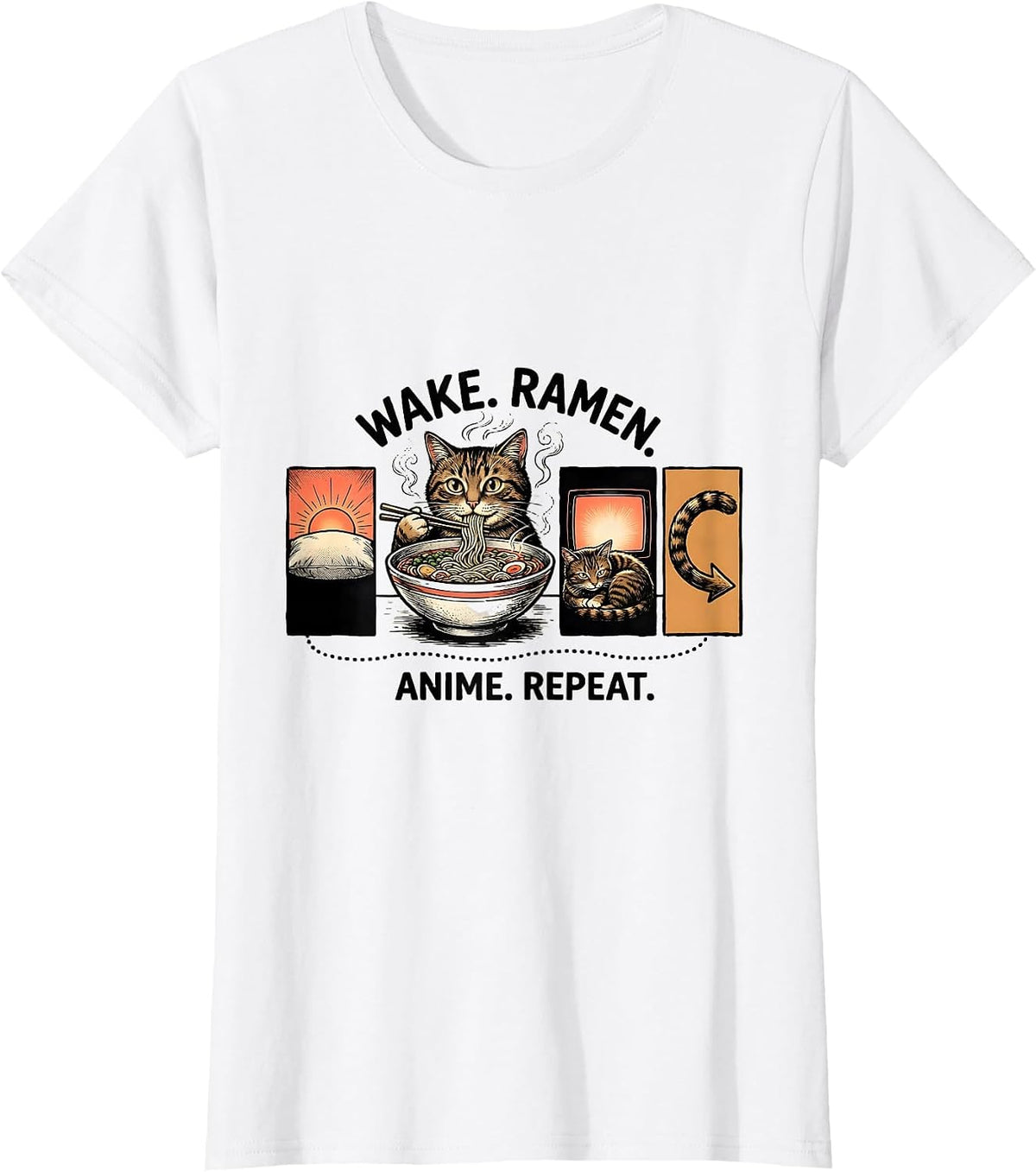 Wake. Ramen. Anime. Repeat. Funny Kawaii Cat Anime Gift T-Shirt - White