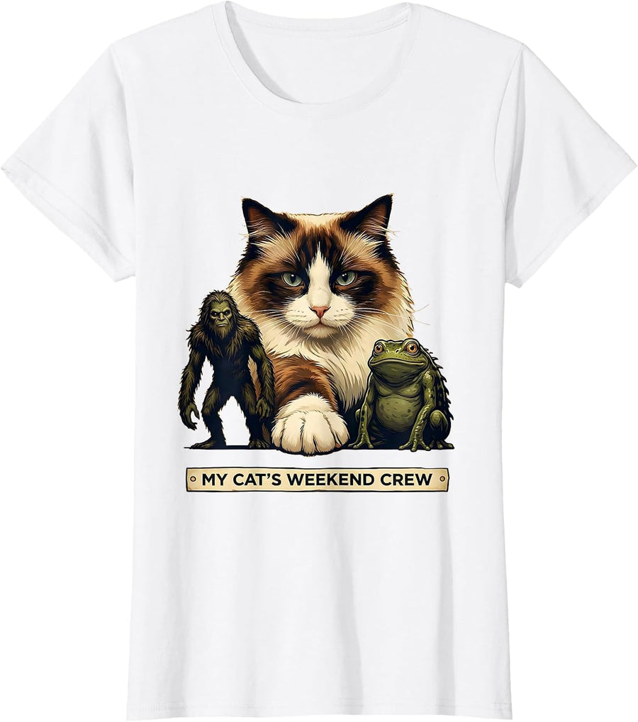 Women's My Cat's Weekend Crew Funny Cat Lover Paranormal Cryptid T-Shirt - White