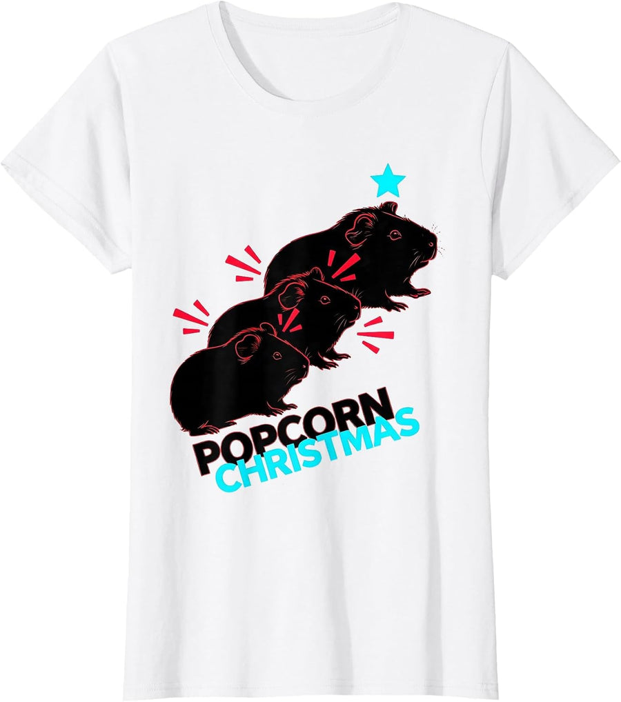 Women's Popcorn Christmas New Wave Guinea Pig Owner Pet Lover Humor T-Shirt - White