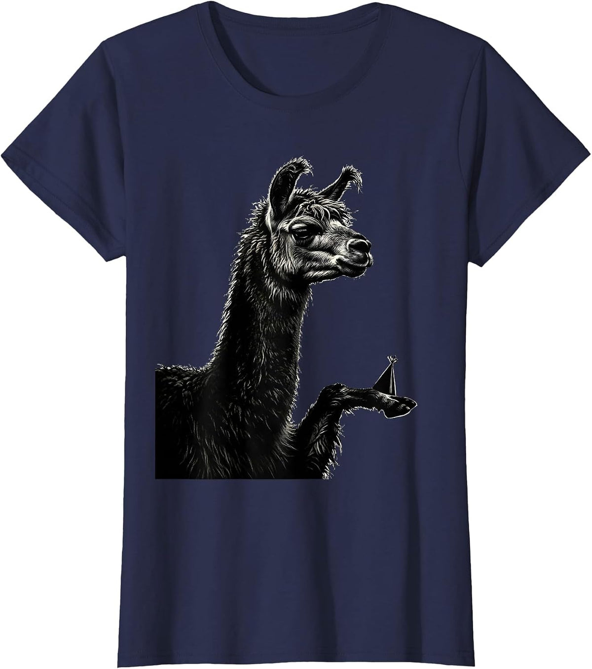 Women's Llama Balancing Party Hat Funny Alpaca Lover Humor T-Shirt - Navy Blue