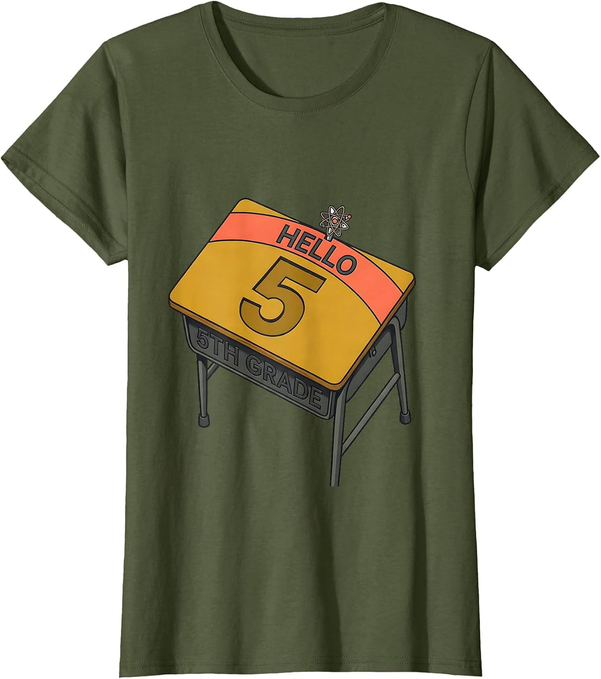 Women's Hello 5th Grade Midcentury Modern Back To School Leopard T-Shirt - Olive Green