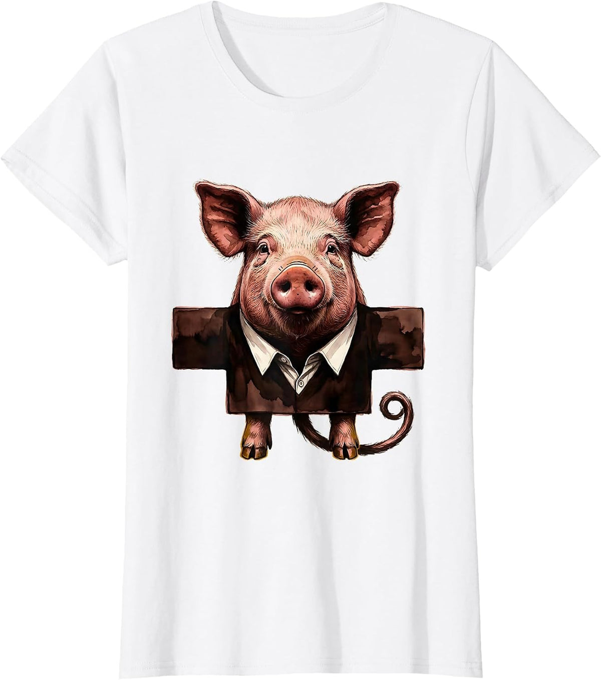 Pig Head Rising Through Collar Novelty Halloween Costume T-Shirt - White