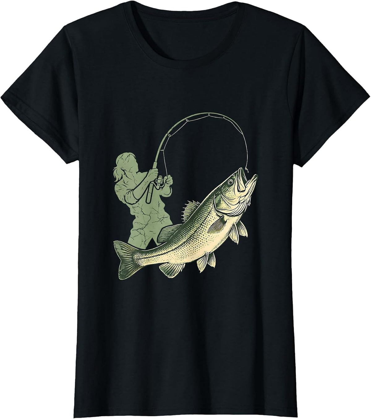 Bass Fishing Angler Reeling In Leaping Bass T-Shirt - Black