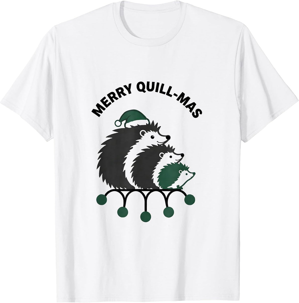Men's Merry Quill-mas Minimalist Hedgehog Santa Hat Family T-Shirt - White