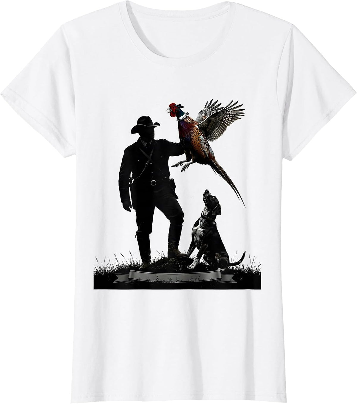 Women's Pheasant Hunter Silhouette Bird Dog Upland Hunting T-Shirt - White