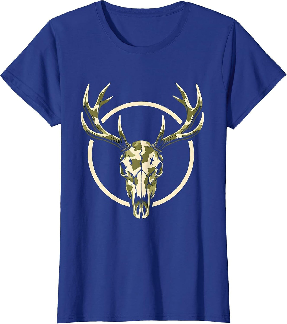 Women's Camo Elk Skull Antler Crown Graphic Tee T-Shirt - Royal Blue