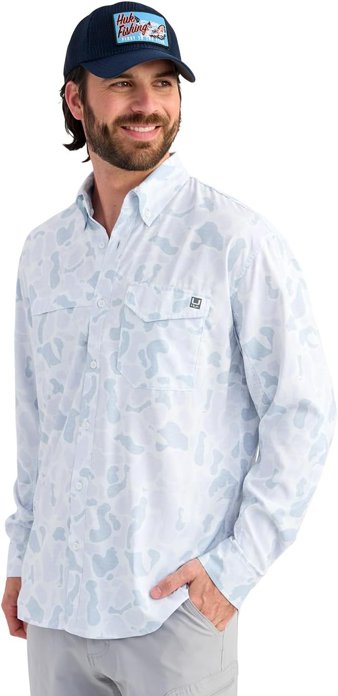 HUK Men's Tide Point Solid Long Sleeve Button Down Shirt (Available in 3X-Large) - Sky