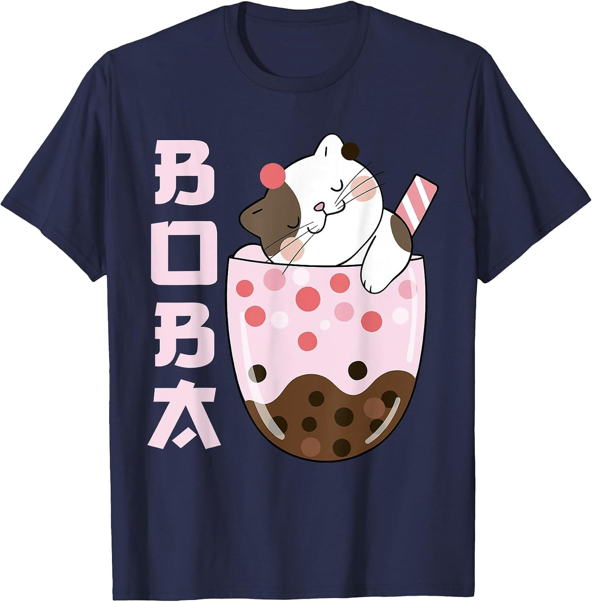 Kawaii Cat Bubble Boba Milk Ice Tea Lover Design Cute Anime T-Shirt - Navy Blue