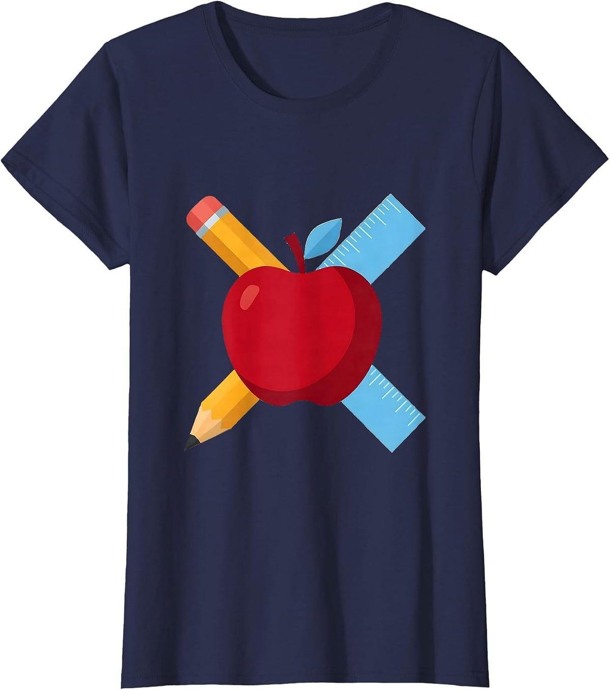 Women's Preschool Teacher Apple Pencil Ruler Graphic T-Shirt - Navy Blue