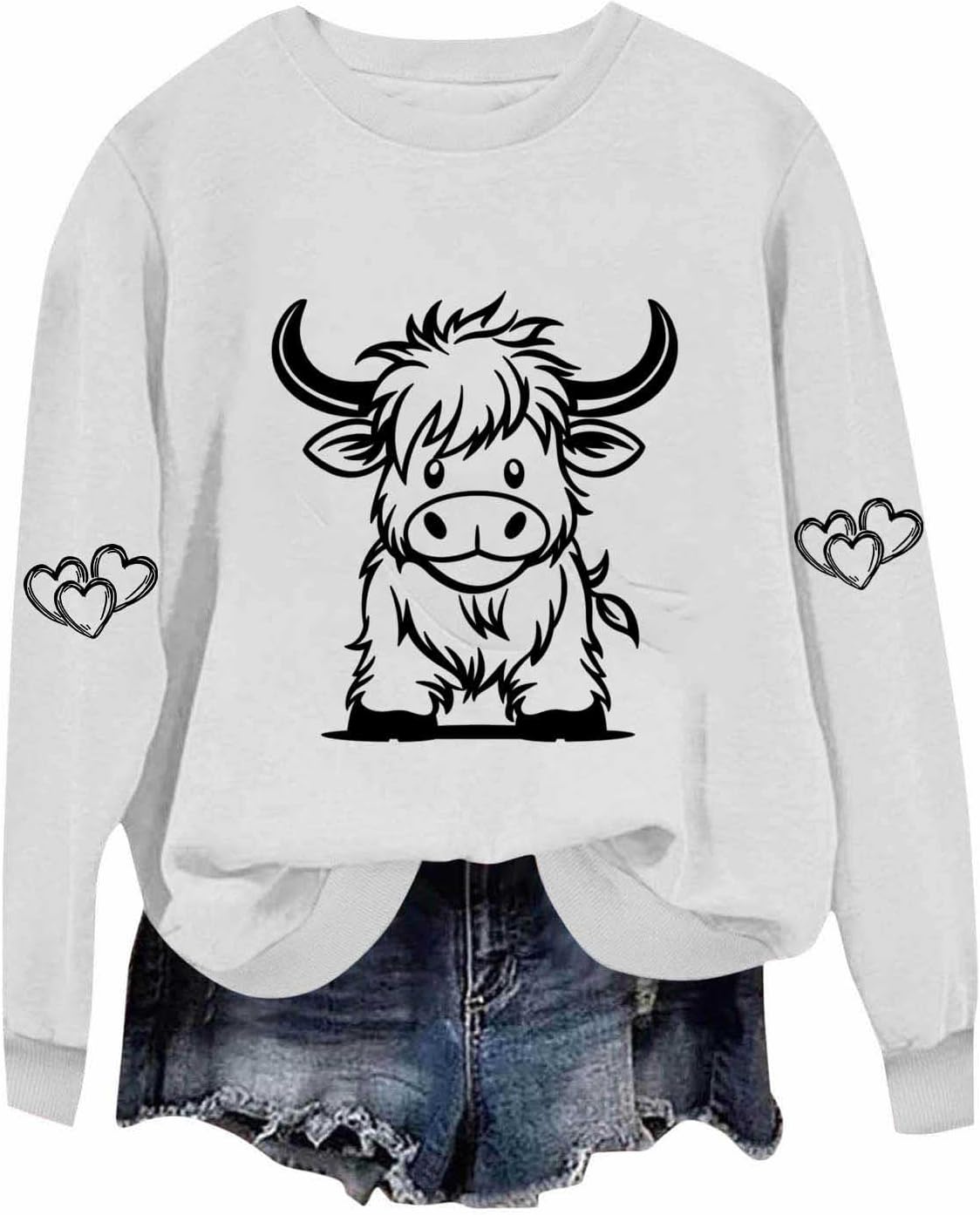 Highland Cow Shirts for Women Cute Funny Graphic Western Cowgirl Sweatshirts Long Sleeve Country Pullover Tops Loose - White
