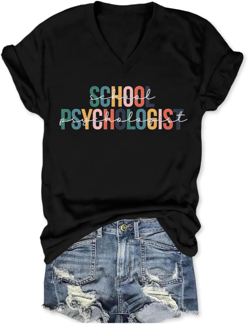 School Psychologist Shirt Women Teacher Mental Health Matters V Neck Shirts Funny School Counselor Graphic Tshirts - Black