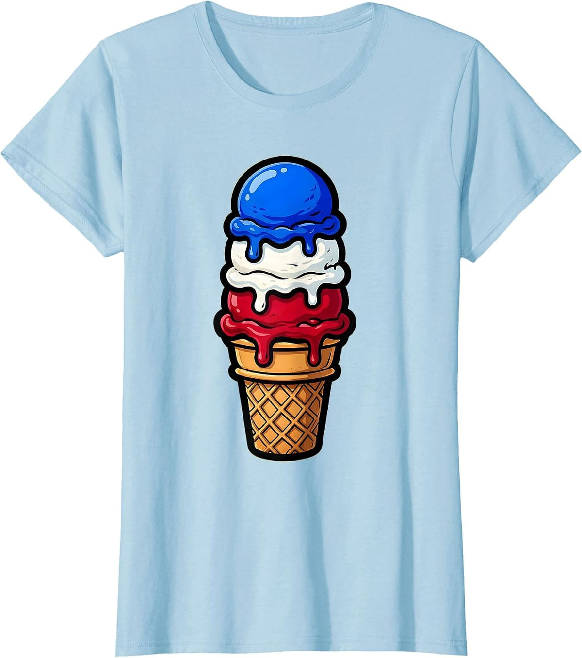 Red White and Blue Ice Cream Cone Graphic T-Shirt - Baby Blue