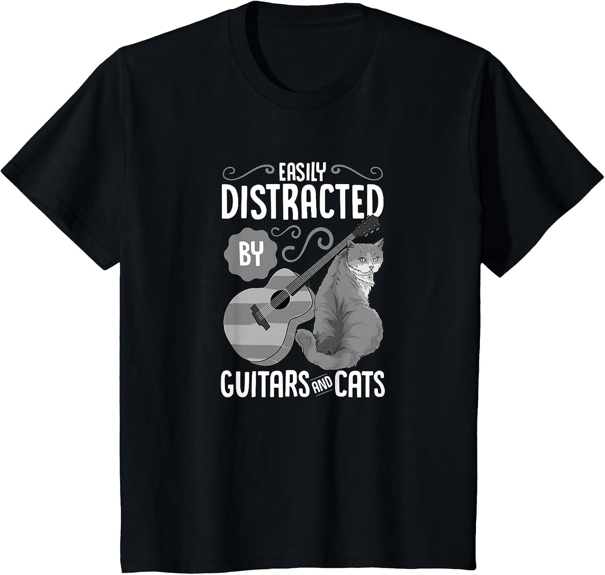 Easily Distracted by Guitars and Cats - Cat & Guitar Lover T-Shirt - Black