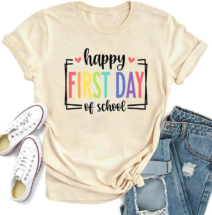 Happy First Day of School Shirt Teacher Life Shirt Kindergarten Teacher T-Shirt Back to School Graphic Tshirt - Creamy Yellow