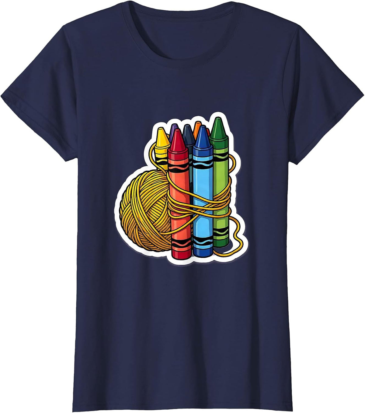 Women's Preschool Teacher Yarn and Crayon Graphic Tee T-Shirt - Navy Blue