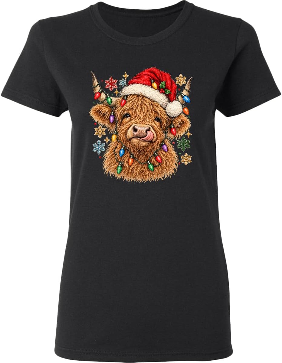 inktastic Highland Cow Christmas Women's T-Shirt - 0040 Black