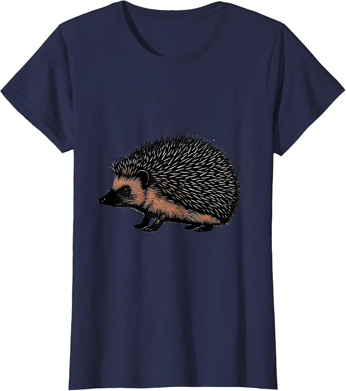 Women's Compact Side-Profile Hedgehog Linocut Minimalist Line Art T-Shirt - Navy Blue