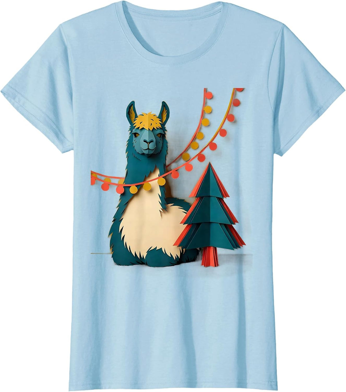 Seated Llama Paper Cutout Funny Christmas Animal Lover T-Shirt - Baby Blue