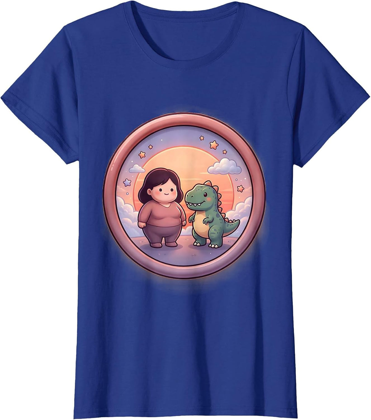 Women's Dinosaur and Human Silhouette Sunset Design T-Shirt - Royal Blue