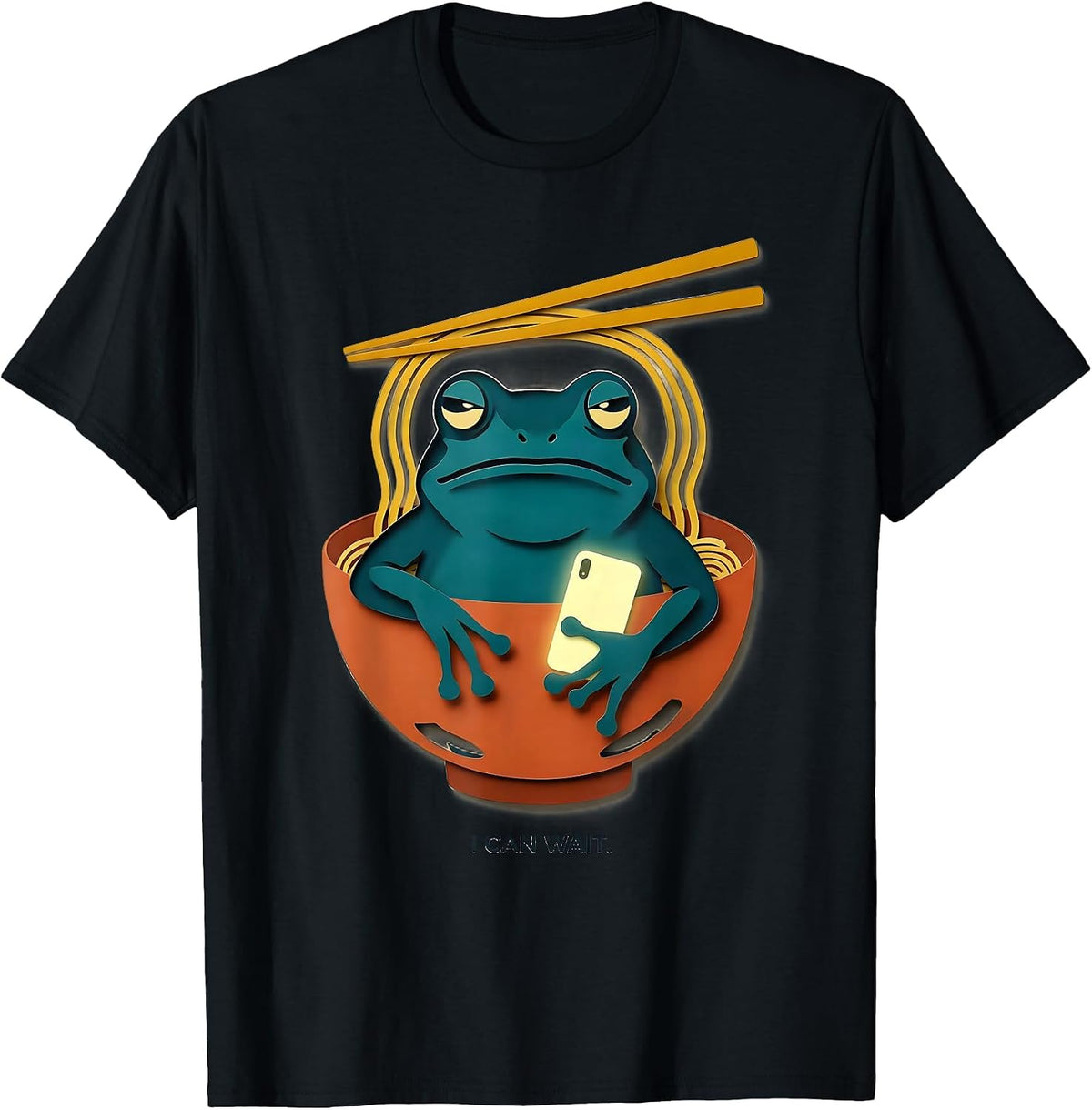 Men's I Can Wait Funny Grumpy Frog Ramen Anime Art Meme T-Shirt - Black