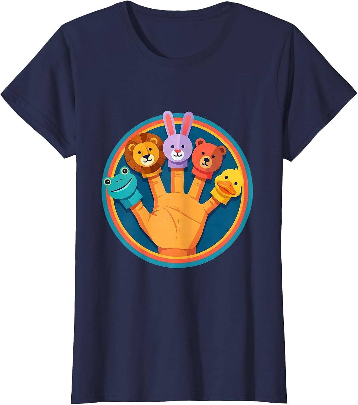 Women's Preschool Teacher Finger Puppet Collection Graphic T-Shirt - Navy Blue