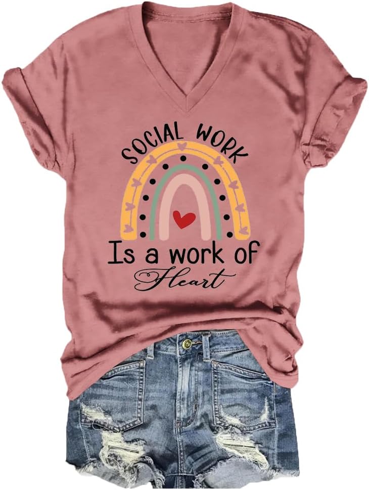 Social Worker Shirt Women's V-Neck Social Work is A Work of Heart T-Shirt Summer Social Services Graphic Tees Top - Pink