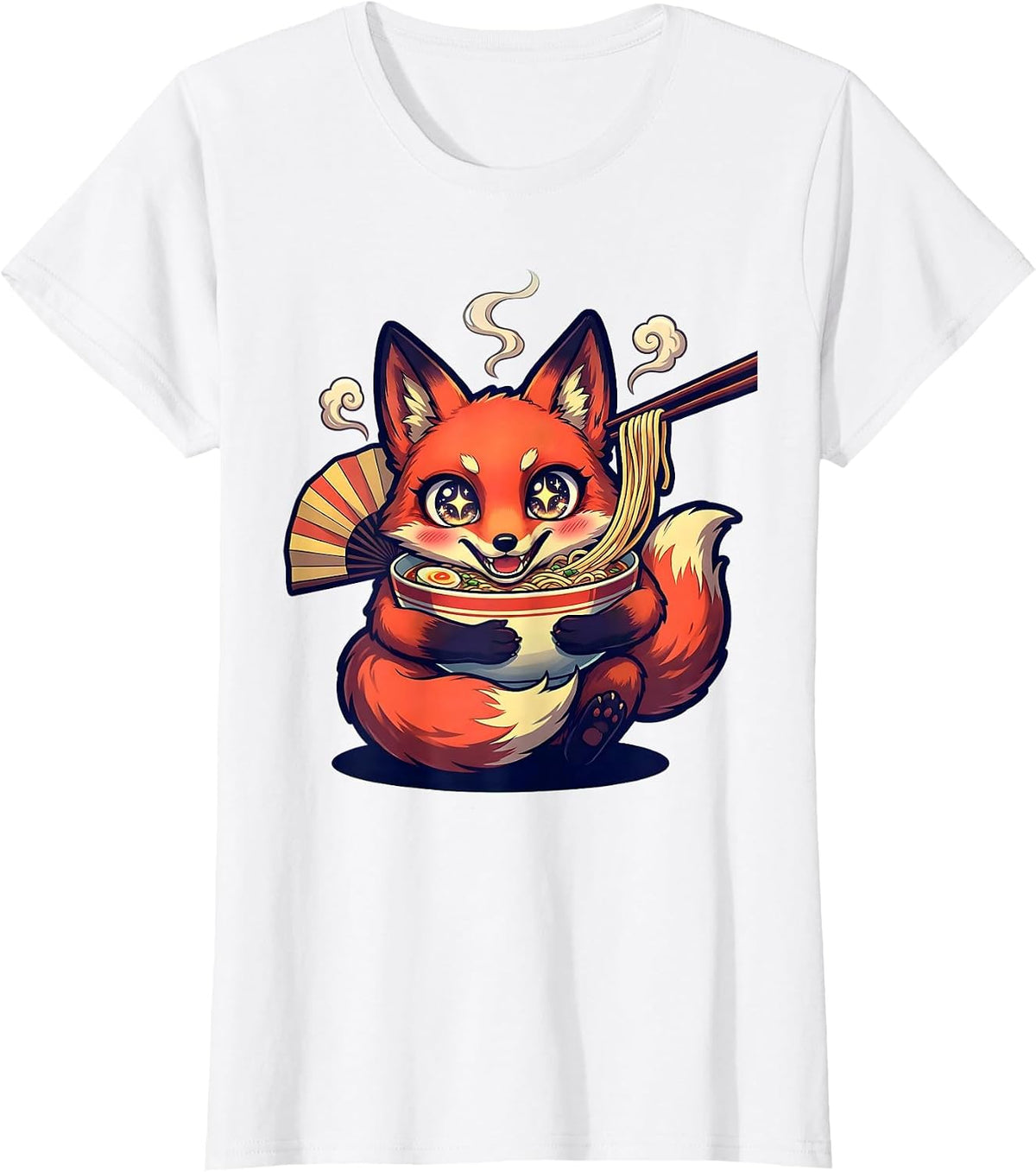 Women's Chibi Kitsune Ramen Anime Cute Animal Humor T-Shirt - White