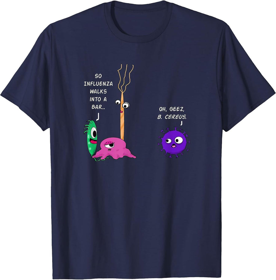 Funny Biology Joke Shirt -Quirky Bacteria vs. Germs Cartoons T-Shirt - Navy Blue