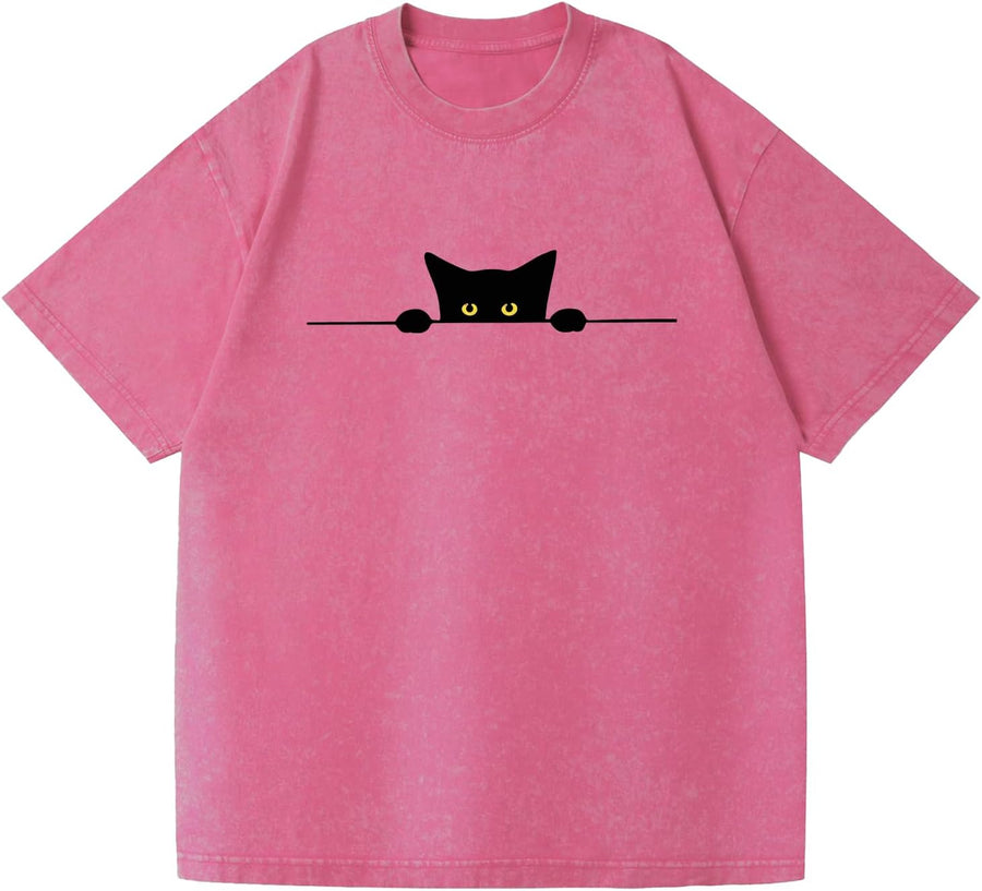Ultra-Soft Unisex Cotton T-Shirt Playful Black Cat Peeking Graphic Garment Washed Premium Tee with Fashion Fit - Red