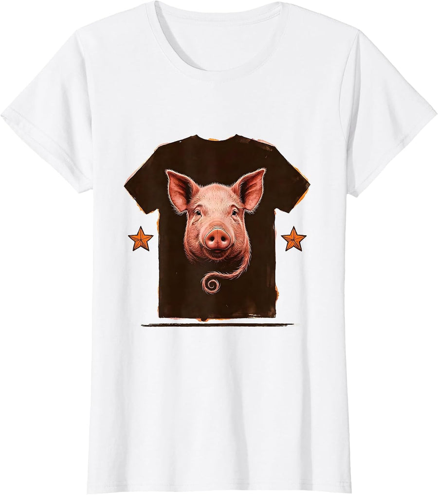 Women's Pig Head Blocky Shirt Silhouette Halloween Costume Humor T-Shirt - White