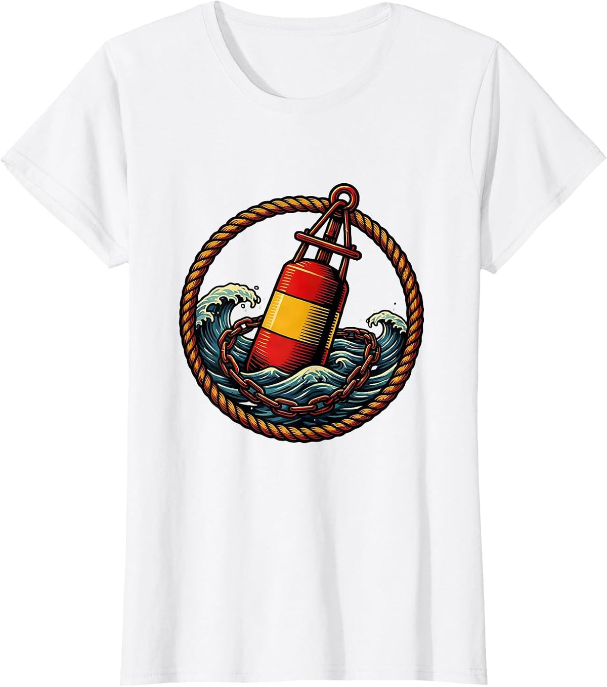 Women's Lone Buoy Ocean Illustration Navy Graphic T-Shirt - White