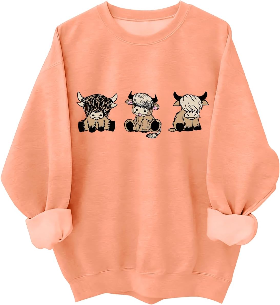 Highland Cow Sweatshirts for Women Cute Animal Farm Country Tops - Crew Neck Orange-1