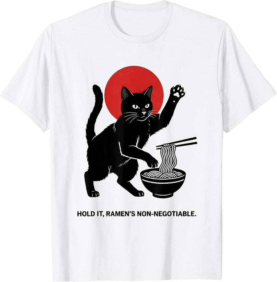 Men's Hold It, Ramen's Non-Negotiable Funny Anime Cat Kawaii Gift T-Shirt - White