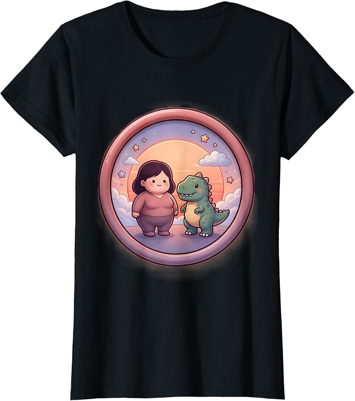 Women's Dinosaur and Human Silhouette Sunset Design T-Shirt - Black