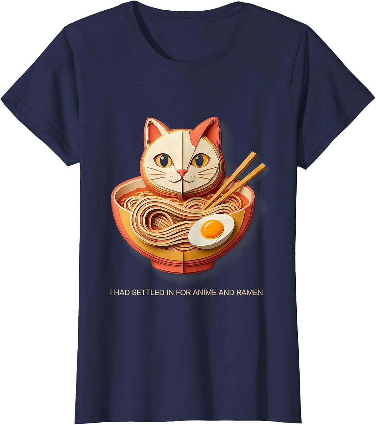 Women's I Had Settled In For Anime And Ramen Funny Kawaii Cat Anime T-Shirt - Navy Blue