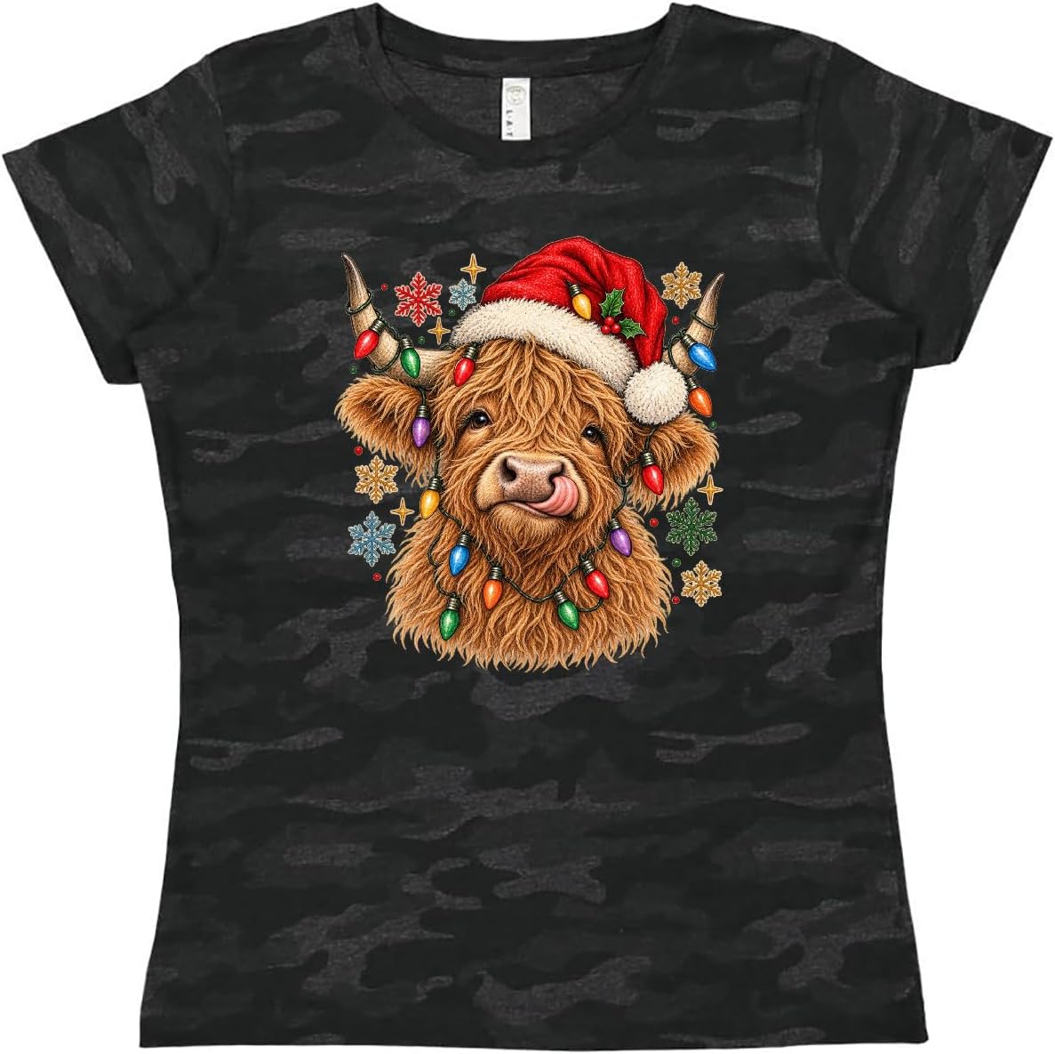 inktastic Highland Cow Christmas Women's T-Shirt - Storm Camo