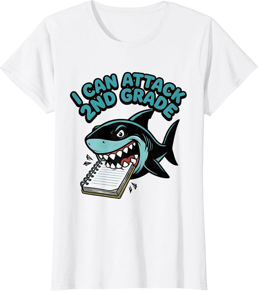 Women's I Can Attack 2nd Grade Cartoon Shark Back To School Boys T-Shirt - White