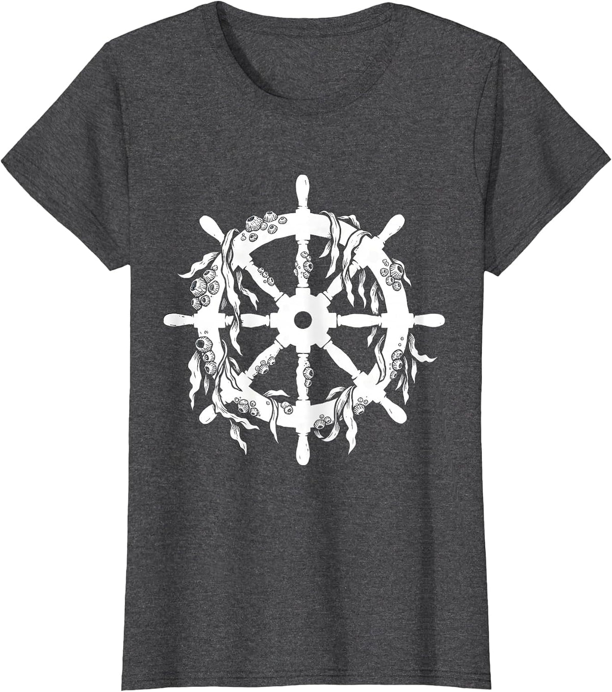 Women's Barnacle Ship Wheel Nautical Sailor Graphic T-Shirt - Dark Heather Grey