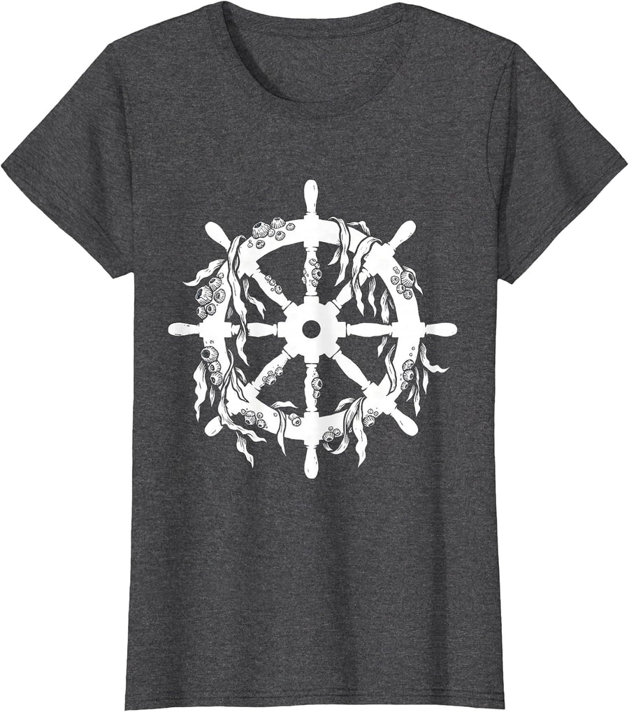 Women's Barnacle Ship Wheel Nautical Sailor Graphic T-Shirt - Dark Heather Grey