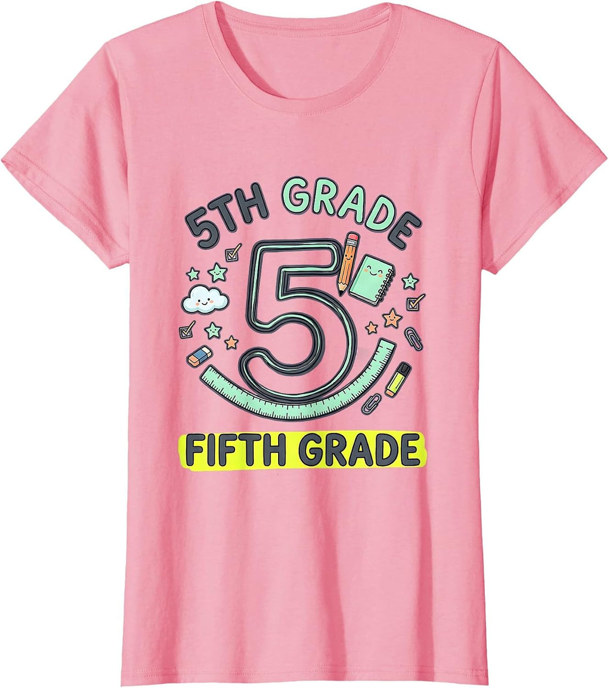 Women's 5TH GRADE FIFTH GRADE Kawaii Stationery Doodle Back T-Shirt - Pink