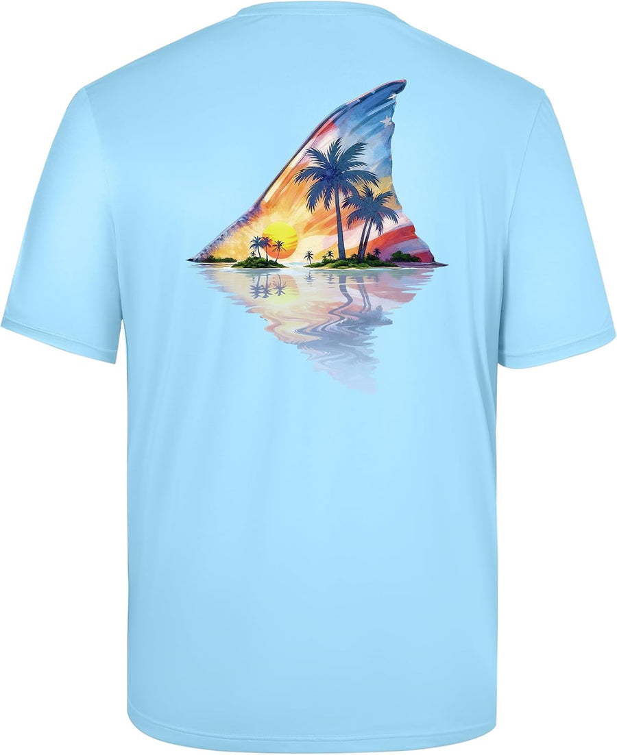 Men's Fishing Shirt Short Sleeve, UPF 50+ UV Sun Protection T-Shirt, Quick Dry Graphic Tee for Swim Surf - Light Blue