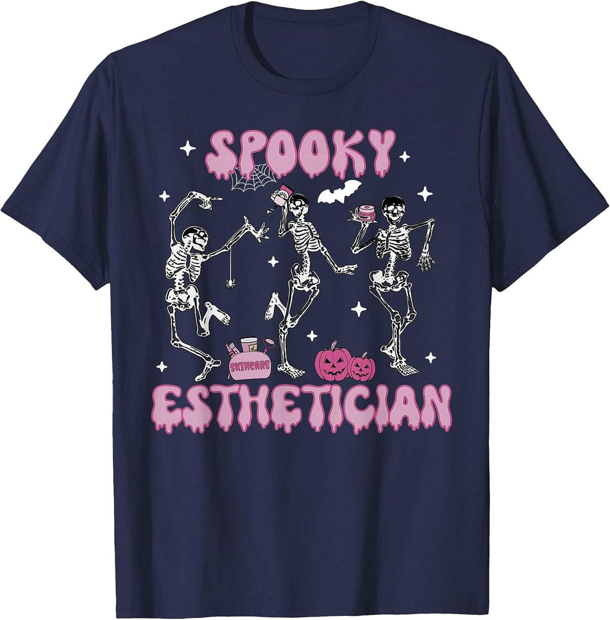 Spooky Esthetician Skeleton Dancing Halloween Skin Therapist T-Shirt - Navy Blue