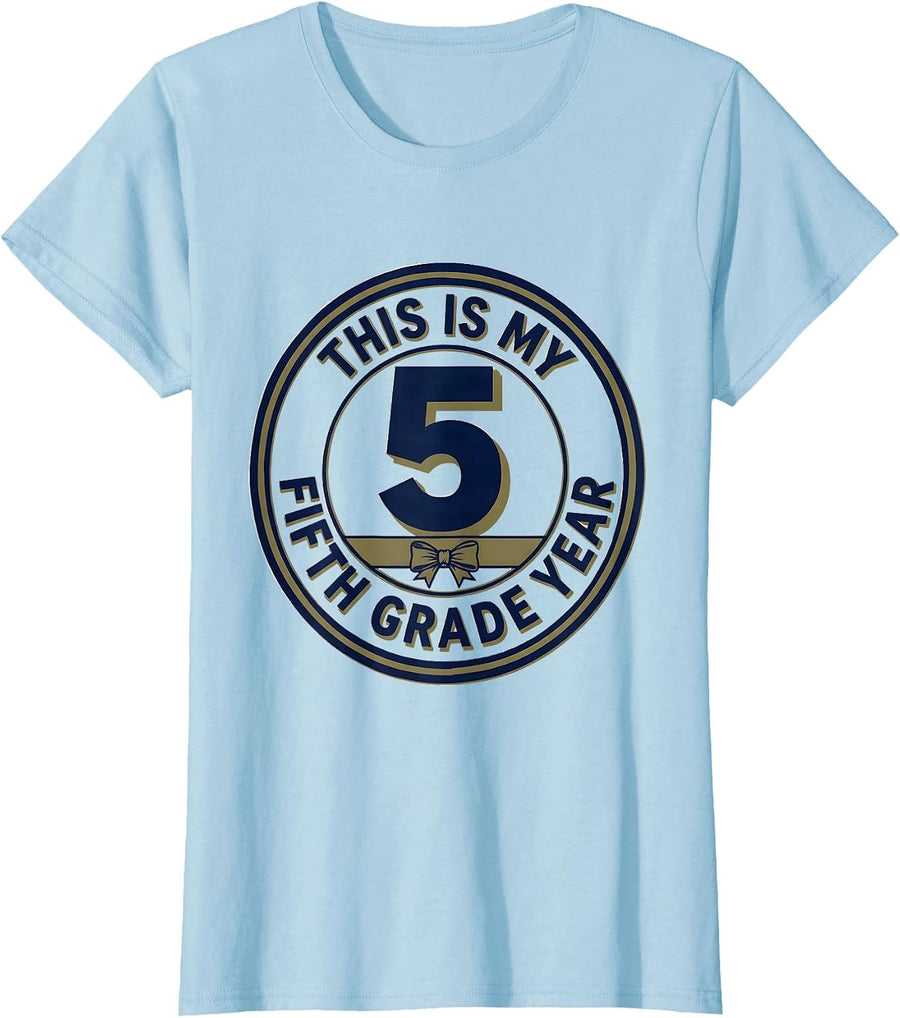 Women's This Is My Fifth Grade Year Playful Coquette Bow Back To T-Shirt - Baby Blue