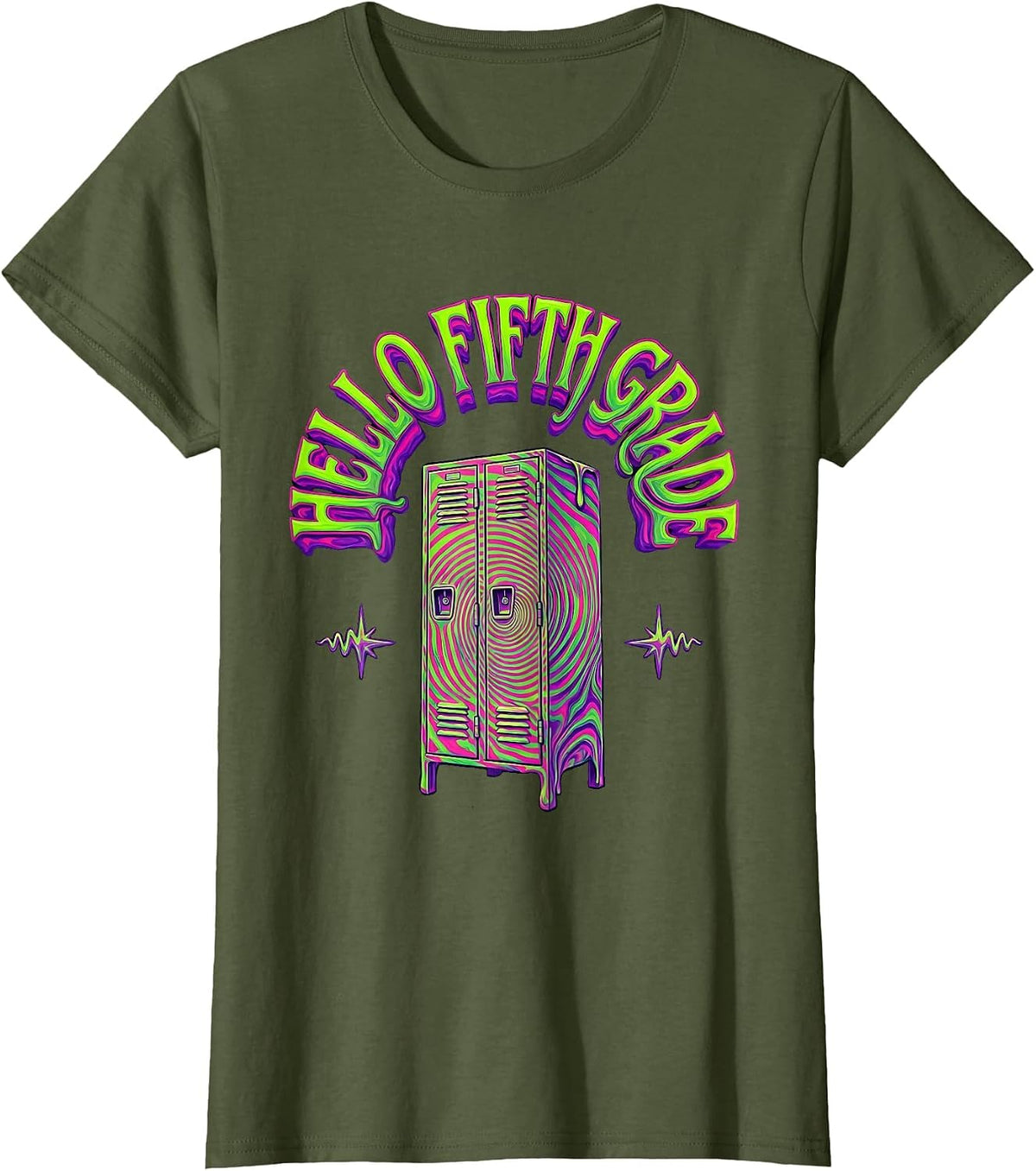 Women's Hello Fifth Grade Psychedelic Back To School 5th Grade T-Shirt - Olive Green