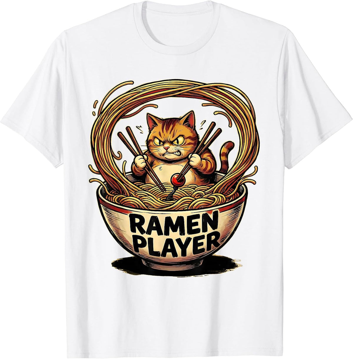 Men's Ramen Player Cartoon Cat Anime Japanese Kawaii Gamer Gift T-Shirt - White