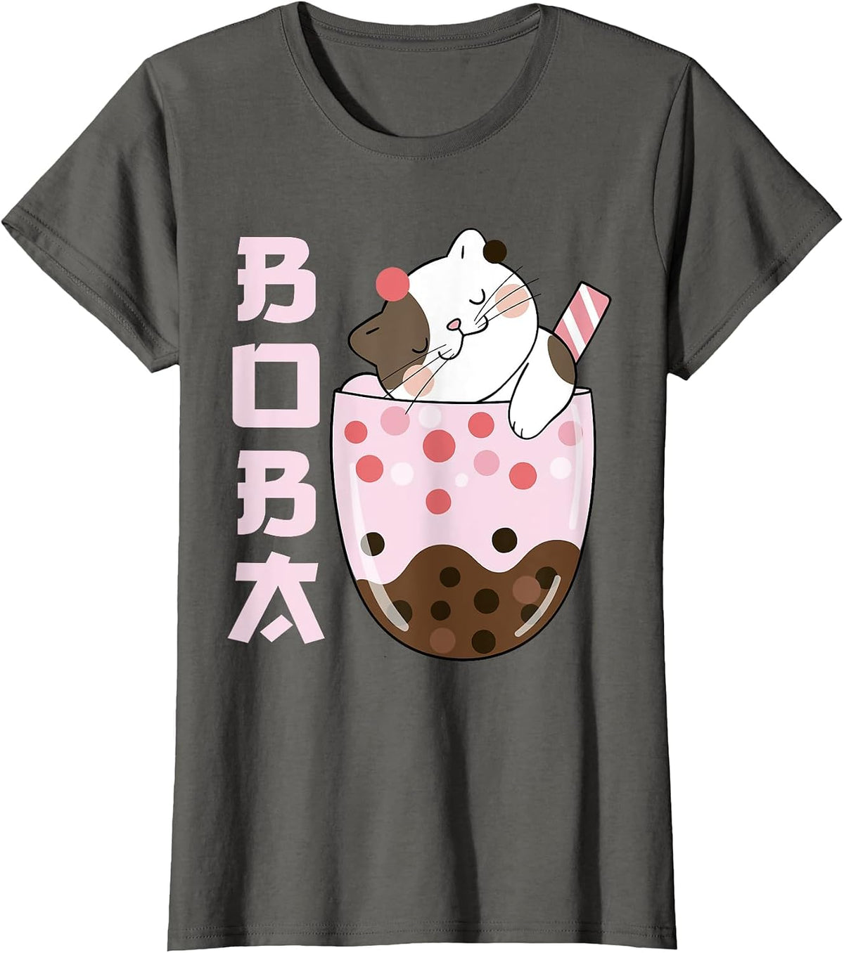 Kawaii Cat Bubble Boba Milk Ice Tea Lover Design Cute Anime T-Shirt - Asphalt Grey